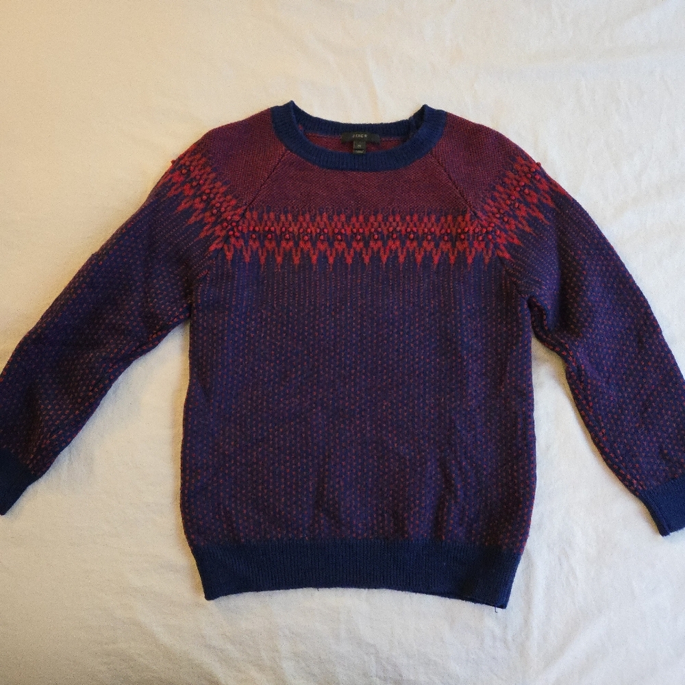 J. Crew Merino Wool Fair Isle Blue & Red Knit Sweater Nordic Pullover Crewneck